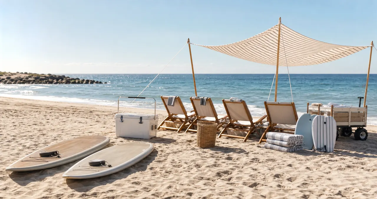 Beach chairs, shade, coolers, paddle boards, and a wagon arranged by the water