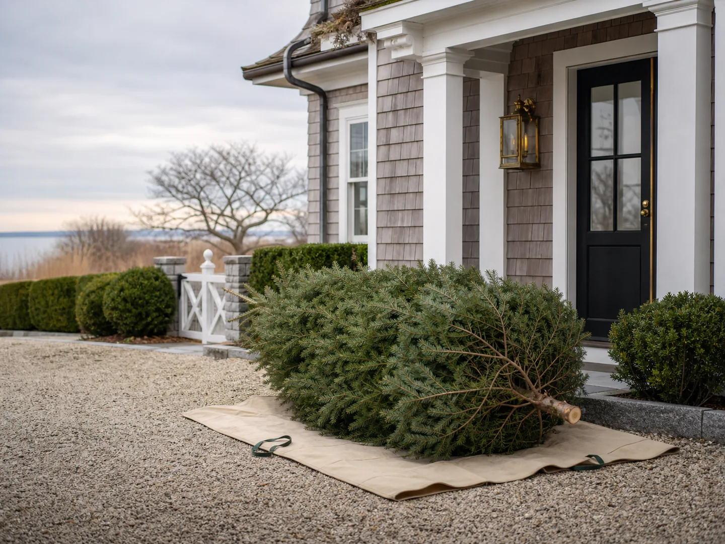 Representative fir tree at an exterior Hamptons home handoff point