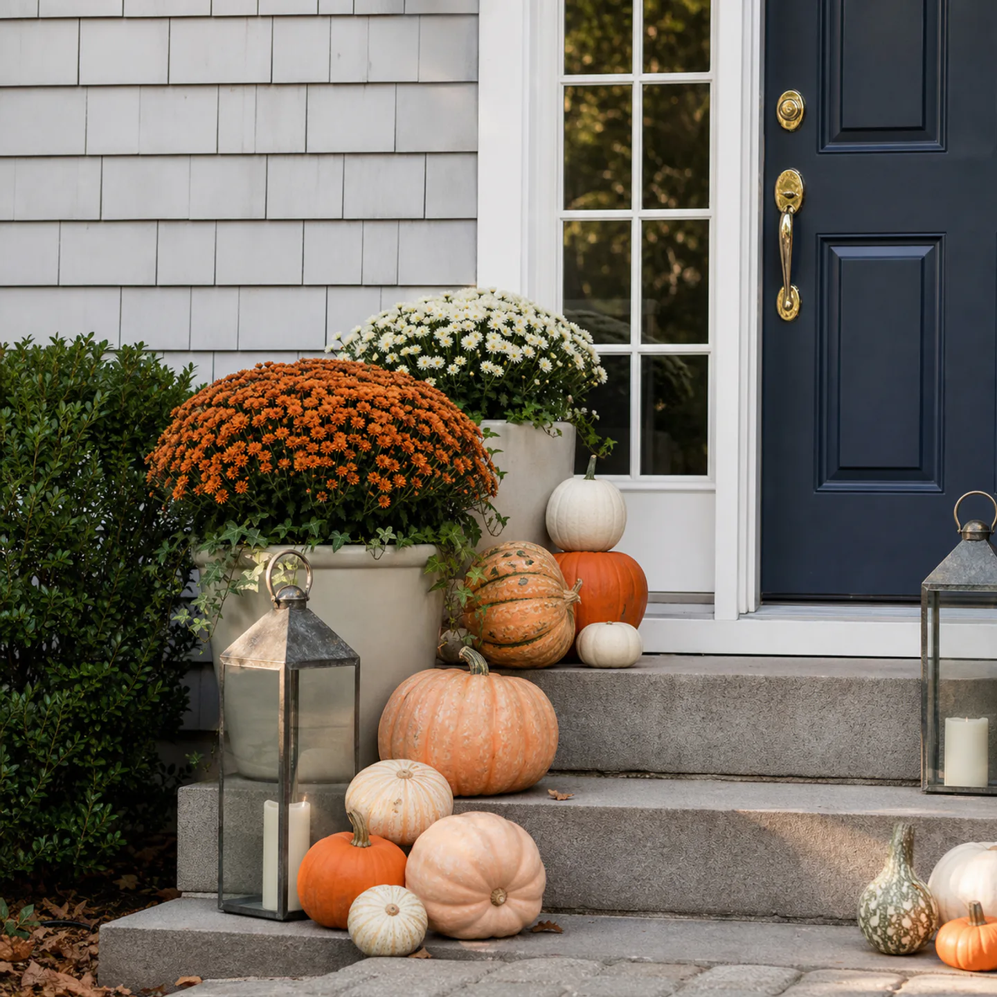 Representative compact Fall porch styling with pumpkins, gourds, and seasonal planters