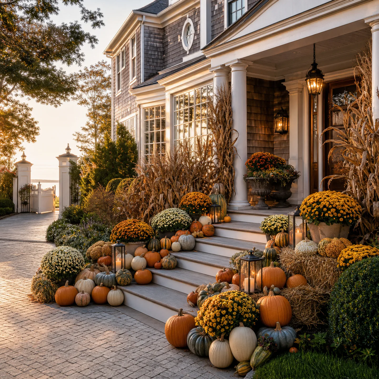 Representative estate-scale Fall porch styling with pumpkins, plants, stalks, and bales