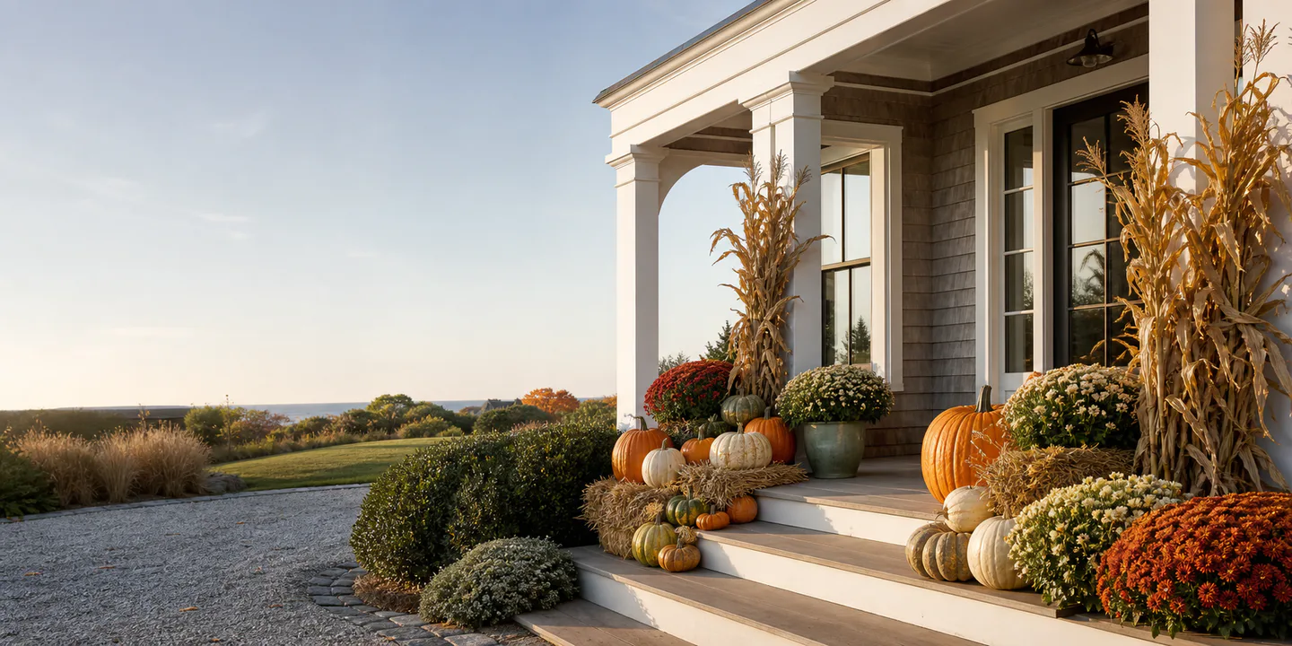 Representative Fall porch styling with natural harvest materials