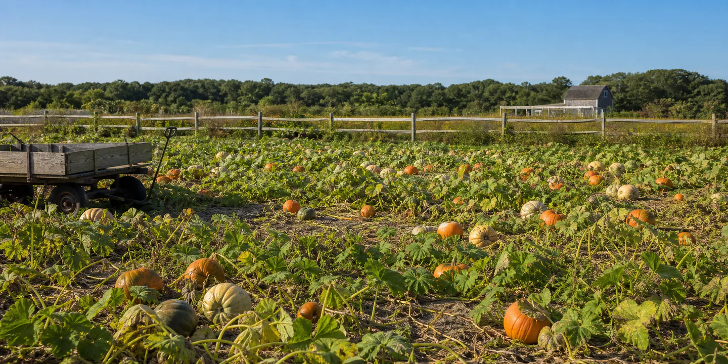 Pumpkins growing on vines in a representative Suffolk County field